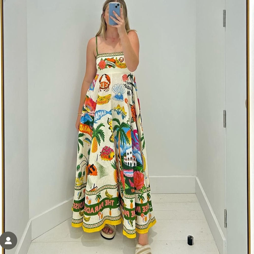 Alemais Paradiso Linen Tropical Print Maxi Dress Size 2